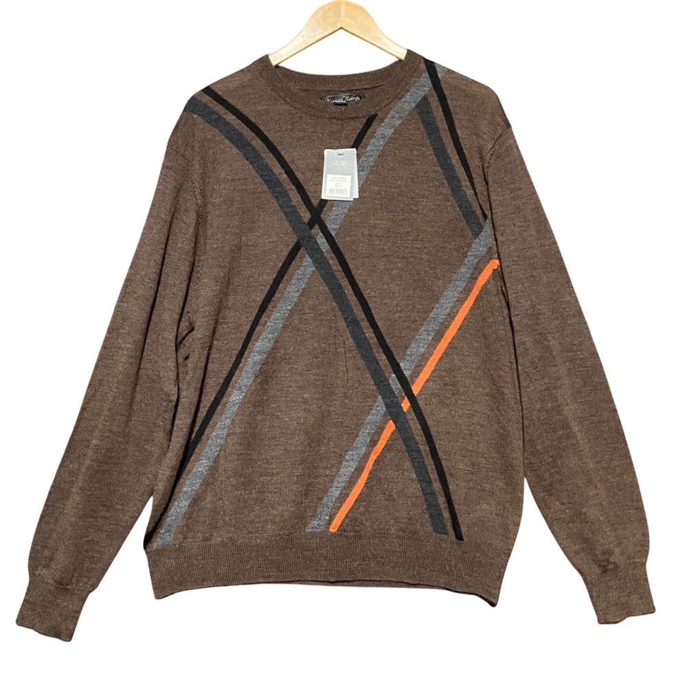 Kenneth Roberts Platinum Mens Brown Merino Wool Geometric Crewneck Sweater LARGE